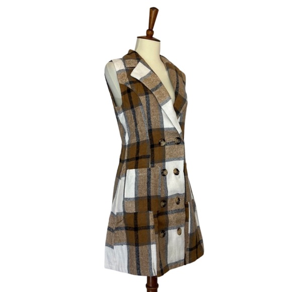 Double Breasted Brown Plaid Vest Button Down Mini Dress - Picture 9 of 16